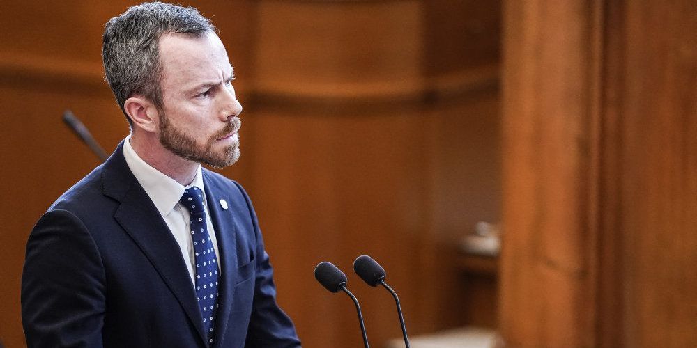 Venstres Jakob Ellemann-Jensen stiller spørgsmål til statsministerens spørgetime på Christiansborg, tirsdag 25. februar 2020.