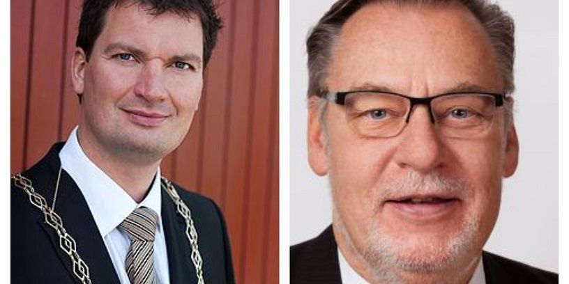 Borgmesteren i Vallensbæk Henrik Rasmussen (K), (t.v.) og borgmester Ole Bjørstorp (Ishøjlisten) har sammen med byrådene nu godkendt ophør af det forpligtende samarbejde kommunerne imellem.