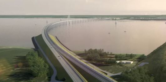 Det er uvist, hvor mange job til lokalområdet byggeriet af Storstrømsbroen kaster af sig. Sådan her kommer broen til at se ud, når den er færdig.
