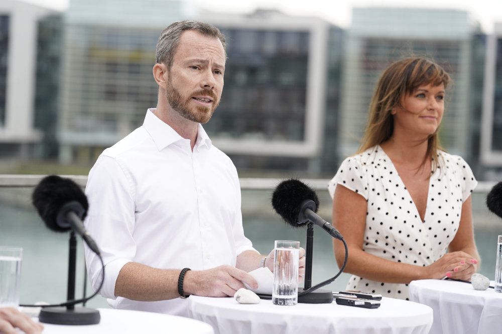 Jakob Ellemann-Jensen, Sophie Løhde og Karsten Lauritzen ses her under Venstre's pressemøde i forbindelse med deres sommergruppemøde på Hotel Alsik i Sønderborg, fredag den 21. august 2020.