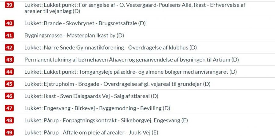 Her ses et udsnit af dagsordenen for byrådsmødet 22. juni i Ikast-Brande Kommune, hvor der i alt var 25 lukkede punkter. Bemærk i øvrigt, at punkt 41 efter behandlingen er blevet åbnet for offentligheden.