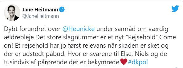 Venstres ældreordfører Jane Heitmann var hård i sin kritik på Twitter efter et samråd med den socialdemokratiske sundhedsminister Magnus Heunicke i går.