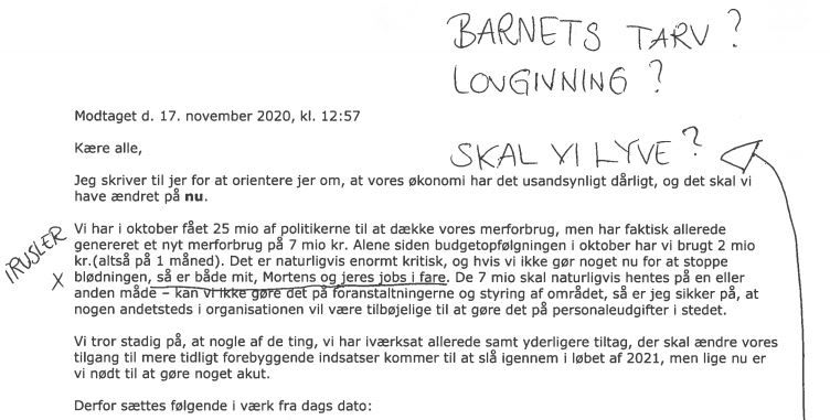 Her er den mail, som afslører en klar ulovlig instruks til medarbejderne fra en spareivrig centerchef. Ordene skrevet med håndskrift tilhører en anonym ansat, som har sendt mailen til Ankestyrelsen.