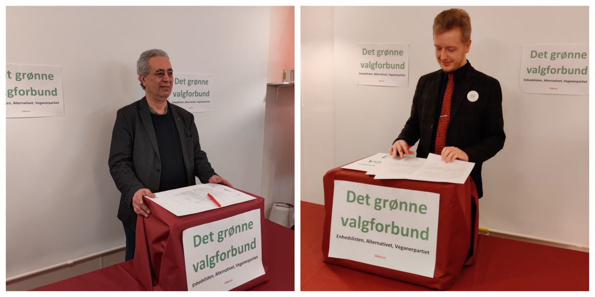 Byrådsmedlem Reza Javid fra Enhedslisten (t.v.) og byrådskandidat Simon Nyborg Jensen fra Veganerpartiet præsenterer Det grønne valgforbund i Odense.