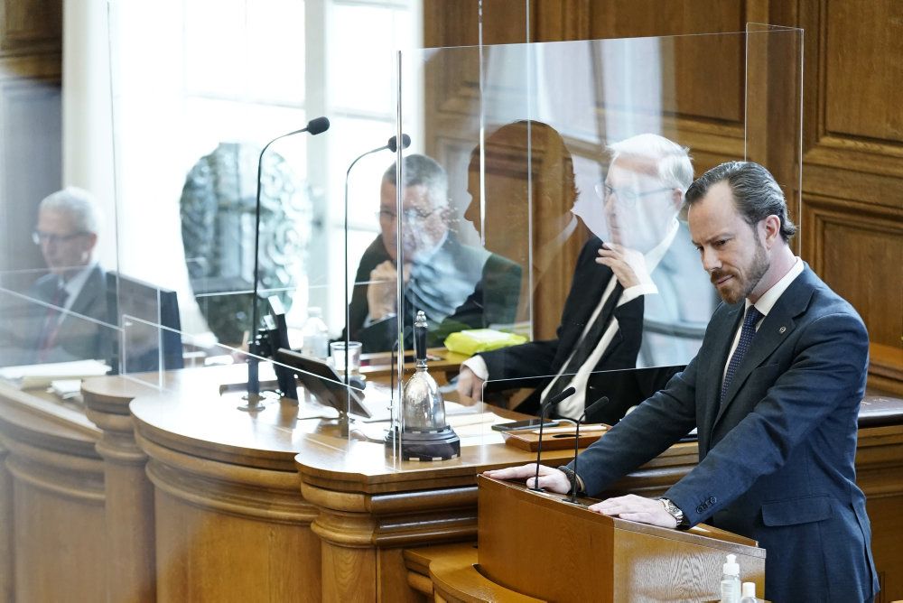 Jakob Ellemann-Jensen (V). Møde i Folketingssalen, som indledes med en udvidet partilederdebat, på Christiansborg tirsdag den 13. april 2021. Desuden behandles lovgivning om mink og kompensation til minkavlerne.