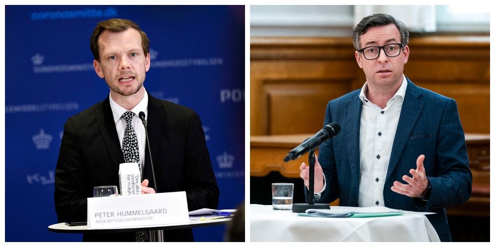 (Arkiv) Partierne bag LAB-loven har udskudt skærpet tilsyn med kommuner, der ikke lever op til resultat- og fokusmål. De er samtidig enige om at følge kommunernes beskæftigelsesindsats måned for måned og at reagere, hvis det går for langsomt. TV. beskæftigelsesminister Peter Hummelgaard (S), th. Hans Andersen, beskæftigelsesordfører for Venstre.