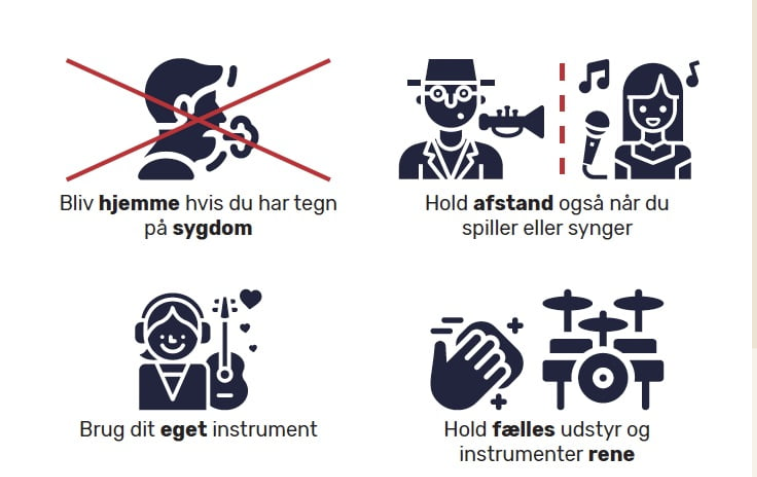 Danske Musik og Kulturskoler har lavet denne plakat med sundhedsmæssige anbefalinger for, hvordan de aktive udøvere undgår covid-19 smittespredning. Ny pulje kan måske være med til at udvikle nye modeller for, hvordan flere børn og unge bliver aktive i musik- og kulturskolerne.