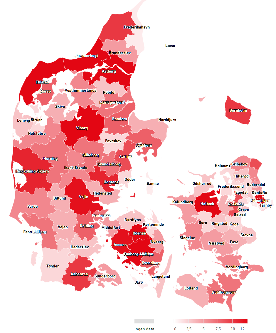 Fordelingen af private dagtilbud ligger på 24 % i gennemsnit, men der tegner sig et billede af at de udgør en større del af kommunernes forsyning i blandt andet Nord- og Vestjylland.