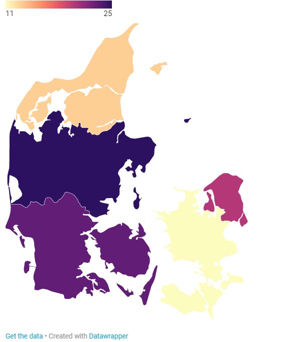 Kortet viser fordelingen af friplejehjem og her kan man se, at Region Sjælland og Region Nordjylland er de regioner med færrest friplejehjem.