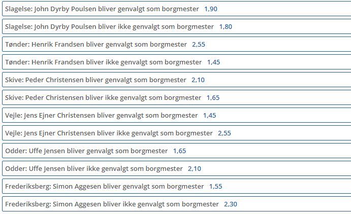 Et mindre udsnit af alle de væddemål, der kan spilles på i en række kommuner op til KV21.
