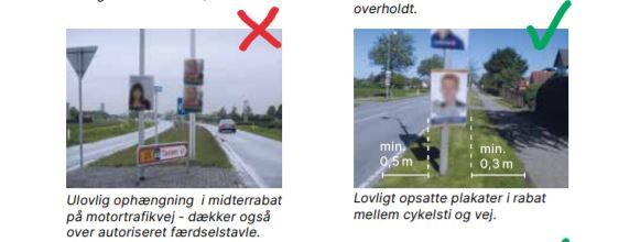 Park og Vej i Lolland Kommune har set en del valgplakater, som ikke har været ophængt korrekt. (Illustrationen er fra vejledning fra Vejdirektoratet)