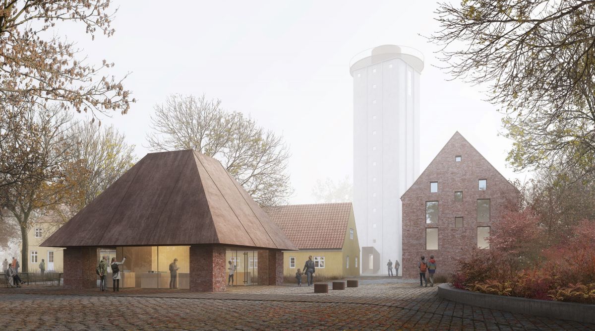 Visualisering af torvet foran Doverodde Købmandsgård med det kommende nybyggede velkomstområde.