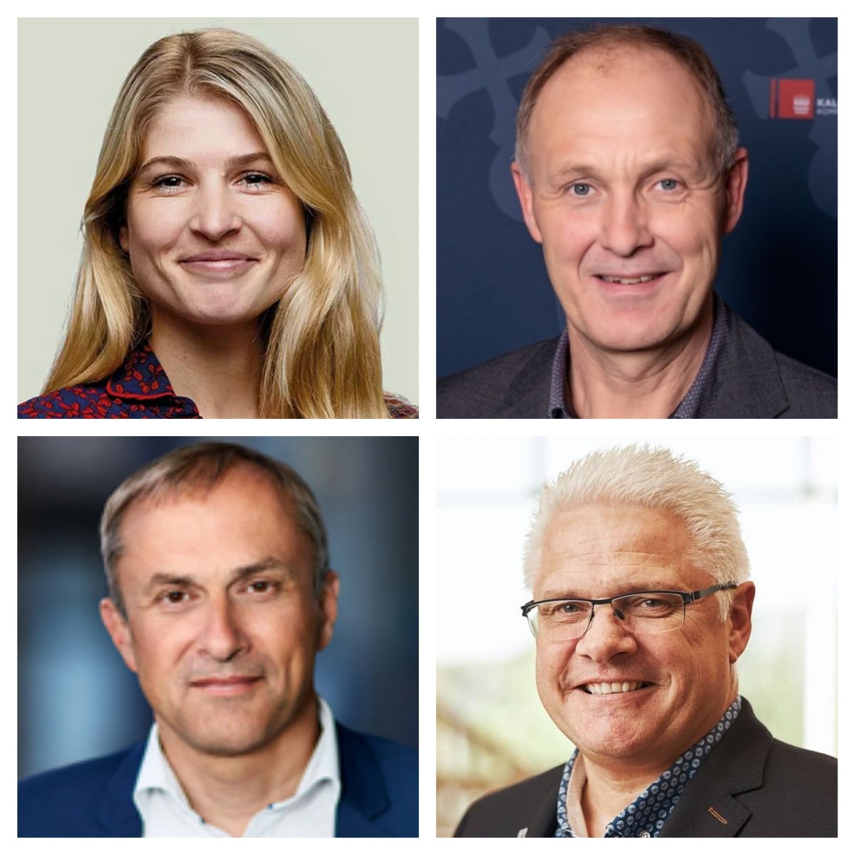 Et udsnit af forventede kandidater til KL´s bestyrelse øverst fra venstre Christina Krzyrosiak Hansen (S) fra Holbæk, øverst til højre Martin Damm (V) fra Kalundborg, nederst til venstre Michael Ziegler (K) fra Høje-Tåstrup og nederst til højre Frank Schmidt-Hansen (K) fra Vejen.