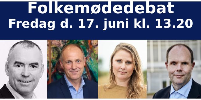 Chefredaktør fra NB-Medier Arne Ullum (t.v.) moderer en debat om økonomiaftalens konsekvenser for det specialiserede socialområde på Folkemødet. I panelet sidder KL-formand Martin Damm (V), formand for Danske Handicaporganisationer Thorkild Olesen og folketingsmedlem og handicapordfører for SF Charlotte Broman Mølbæk.