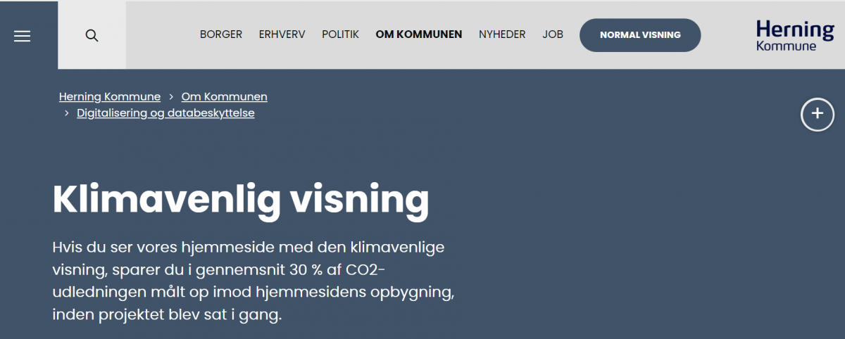 Billede af Herning Kommunes klimavenlige version af hjemmesiden med færre farver og billedelementer.