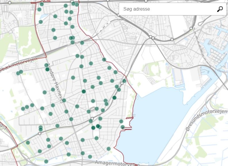 Her ses kortet over Hvidovre Kommune og de kuber til glasindsamling, der allerede findes. Borgerne kan selv plotte de steder ind, hvor de mener, nye kuber skal opstilles.