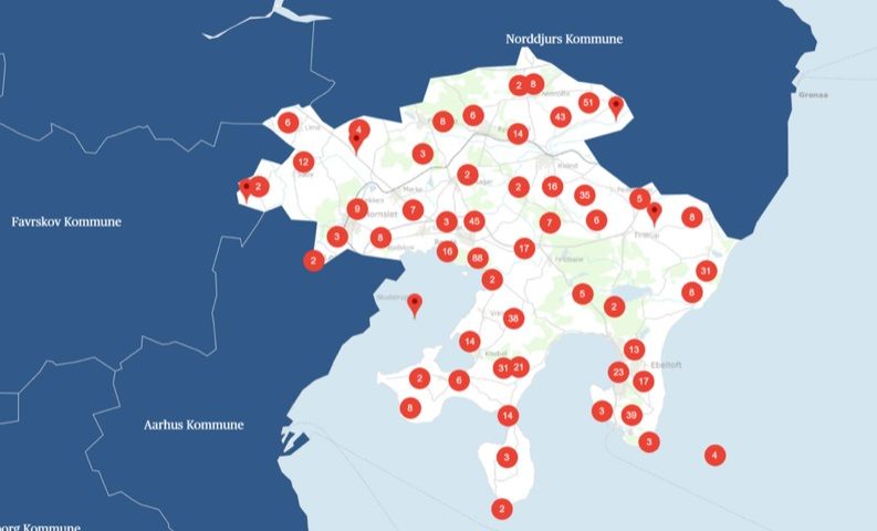 På det interaktive kort kan man læse om steder i hele Danmark. Her Syddjurs Kommune.