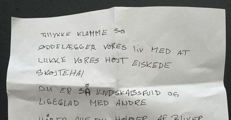 Her ses en del af brevet, der blev lagt i Liv Gams postkasse efter upopulær byrådsbeslutning.