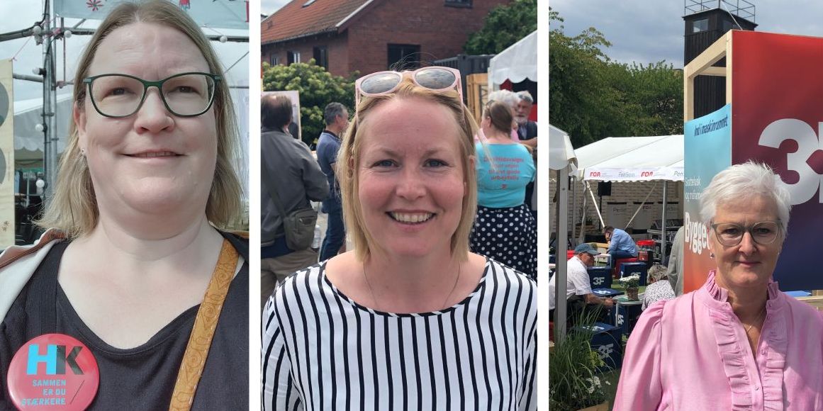 Karina Sørensen, HK's talperson på beskæftigelsesområdet, Signe Færch, forkvinde i Dansk Socialrådgiverforening og Eva Obdrup, formand for Danske A-kasser på årets Folkemøde