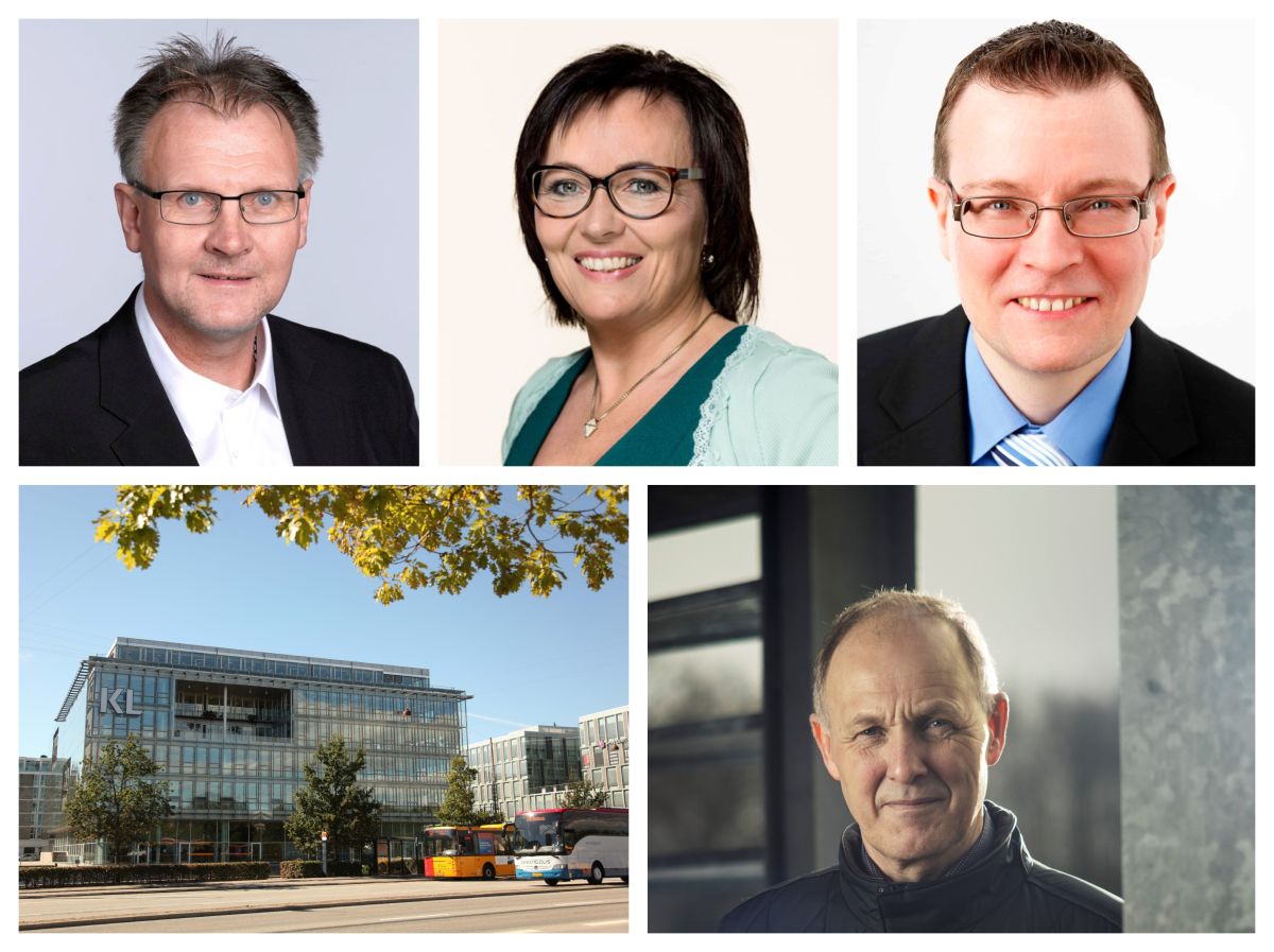 Øverst fra venstre DF'erne Peter M. Vestergaard, Skive, Susanne Eilersen, Fredericia og Kenneth Kristensen Berth, Vallensbæk. Nederst KL Huset og KL-formand Martin Damm.