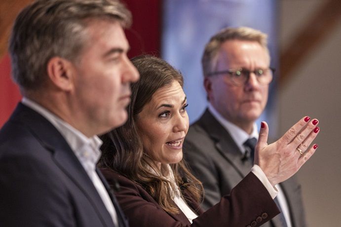 Digitaliseringsminister Marie Bjerre, erhvervsminister Morten Bødskov og klima-, energi- og forsyningsminister Lars Aagaard præsenterede udspillet Danmarks digitaliseringsstrategi - Ansvar for den digitale udvikling på et pressemøde torsdag.