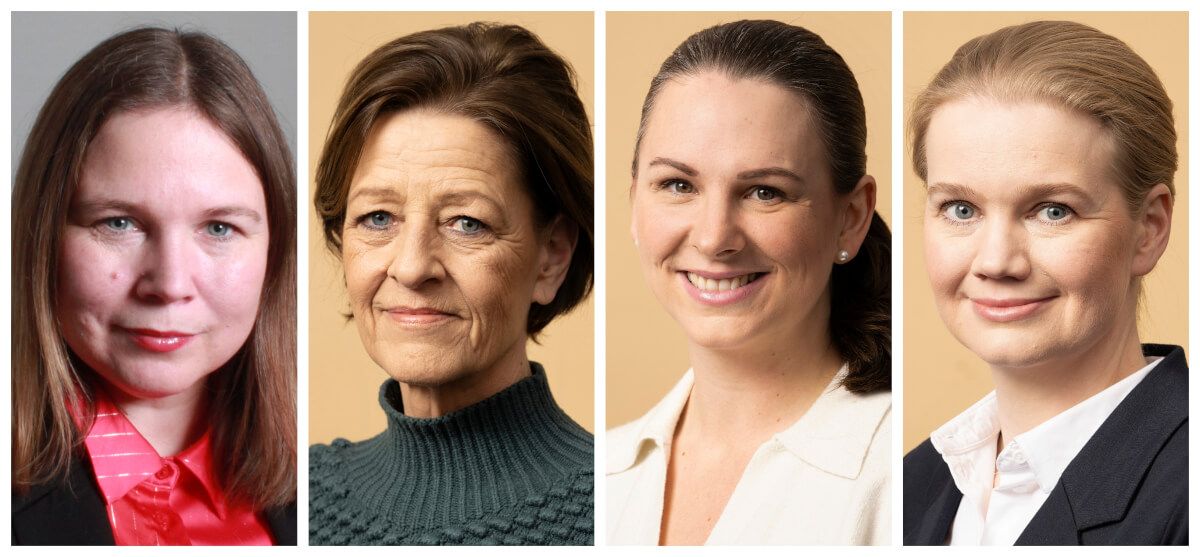 Fire ældreordfører fra venstre, Runa Friis Hansen fra Enhedslisten, Kirsten Normann Andersen fra Socialistisk Folkeparti, Mette Abildgaard fra Konservative Folkeparti og Marlene Harpsøe fra Danmarksdemokraterne.