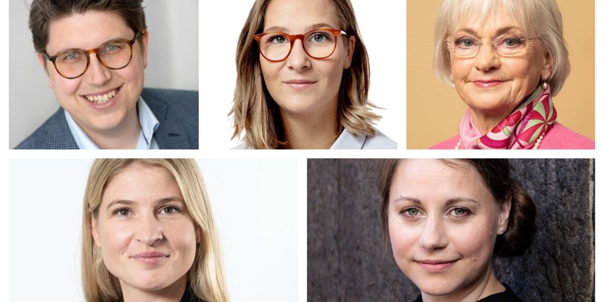 Fra venstre øverst: Christoffer Buster Reinhardt (K), formand for udvalget for det Nære Sundhedsvæsen i Danske Regioner, Emmy Hjort-Enemark Topholm, senioranalytiker på ældreområdet hos Vive, Pia Kjærsgaard, ældreordfører for DF. Nederst de to formænd for KL's Sundheds- og Ældreudvalg: Christina Krzyrosiak Hansen (S) (tv), formand med resortansvar for ældreområdet og Sisse Marie Welling (SF), formand med resortansvar for sundhedsområdet.